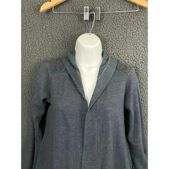 Lucky Lotus Blue Gray Open Front Cardigan XS Cotton Blend Knit Hooded Sweater - Picture 10 of 10